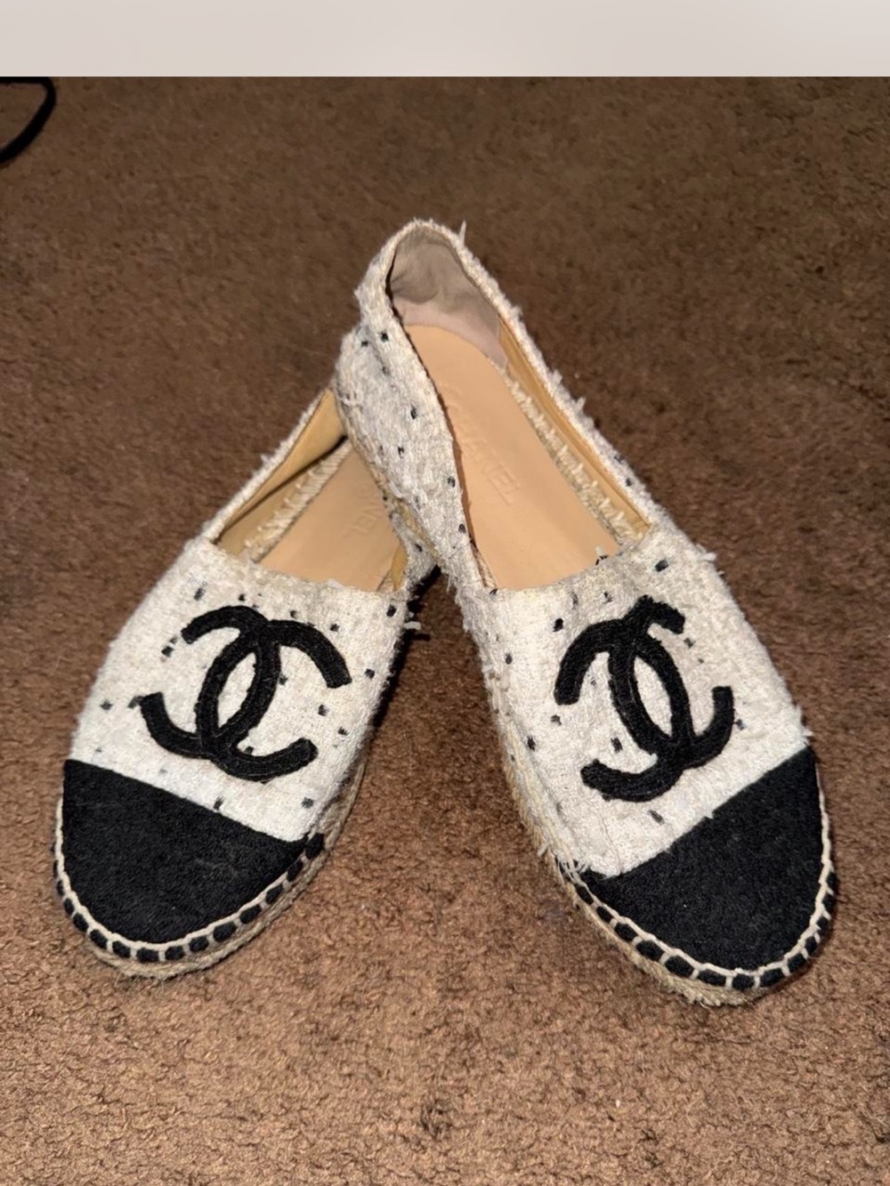 CHANEL Black and White Tweed Espadrille Flats